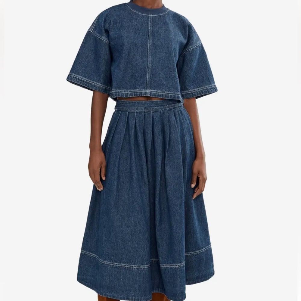 Free People Indigo Denim Pleated Midi Skirt